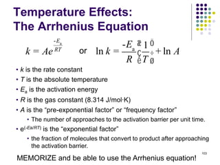Temperature Effects:
The Arrhenius Equation
103
MEMORIZE and be able to use the Arrhenius equation!
• k is the rate constant
• T is the absolute temperature
• Ea is the activation energy
• R is the gas constant (8.314 J/mol∙K)
• A is the “pre-exponential factor” or “frequency factor”
• The number of approaches to the activation barrier per unit time.
• e(-Ea/RT) is the “exponential factor”
• the fraction of molecules that convert to product after approaching
the activation barrier.
ork = Ae
-Ea
RT
ln k =
-Ea
R
1
T
æ
è
ç
ö
ø
÷ + ln A
 