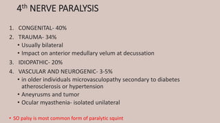 4th NERVE PARALYSIS
1. CONGENITAL- 40%
2. TRAUMA- 34%
• Usually bilateral
• Impact on anterior medullary velum at decussation
3. IDIOPATHIC- 20%
4. VASCULAR AND NEUROGENIC- 3-5%
• in older individuals microvasculopathy secondary to diabetes
atherosclerosis or hypertension
• Aneyrusms and tumor
• Ocular myasthenia- isolated unilateral
• SO palsy is most common form of paralytic squint
 