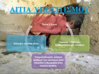 ΑΙΤΙΑ ΥΠΟΣΙΤΙΣΜΟΥ
Πείνα ή λιμός
Ξηρασία =>Έλλειψη
καλλιεργούμενων εδαφών
Υπερπληθυσμός: αύξηση
αριθμού των κατοίκων στον
πλανήτη =>δυσκολία στην
εύρεση τροφής.
Έλλειψη πρώτων υλών
 