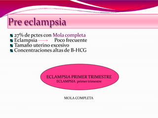Pre eclampsia
27% de pctes con Molacompleta
Eclampsia Poco frecuente
Tamaño uterino excesivo
Concentraciones altasde B-HCG
MOLA COMPLETA
ECLAMPSIA PRIMER TRIMESTRE
ECLAMPSIA primer trimestre
 