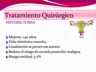 Tratamiento Quirúrgico
HISTERECTOMIA
Mujeres >40 años
Vida obstétrica resuelta.
Usualmente se preservan anexos.
Reduceel riesgo de secuela posmolar maligna.
Riesgo residual 3-5%
 