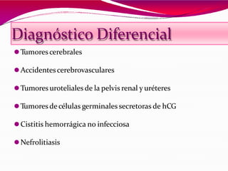 Diagnóstico Diferencial
⚫Tumores cerebrales
⚫Accidentescerebrovasculares
⚫Tumores uroteliales de la pelvis renal y uréteres
⚫Tumores de células germinales secretoras de hCG
⚫Cistitis hemorrágica no infecciosa
⚫Nefrolitiasis
 