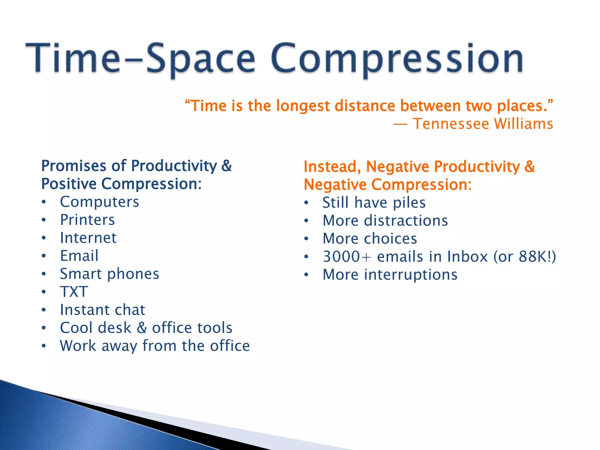 “Time is the longest distance between two places.”
                                               — Tennessee Williams

Promises of Productivity &        Instead, Negative Productivity &
Positive Compression:             Negative Compression:
• Computers                       • Still have piles
• Printers                        • More distractions
• Internet                        • More choices
• Email                           • 3000+ emails in Inbox (or 88K!)
• Smart phones                    • More interruptions
• TXT
• Instant chat
• Cool desk & office tools
• Work away from the office
 