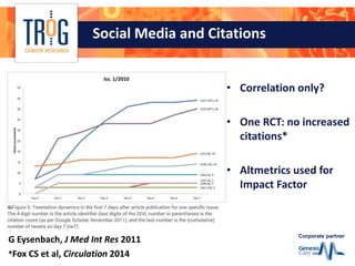 Corporate partner
Social Media and Citations
G Eysenbach, J Med Int Res 2011
• Correlation only?
• One RCT: no increased
citations*
• Altmetrics used for
Impact Factor
*Fox CS et al, Circulation 2014
 