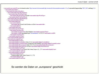 Grundgedanken und Prinzipien Klar trennen zwischen Publizieren und Inventarisieren (z.B. Objektfoto) Alle Technik basiert auf OpenSource-Software (kostenfrei). Das soll so bleiben. Sich auf das jeweils Machbare reduzieren (z.B. Es muss nicht jeder Alles Online stellen) Vieles erlauben und nur wenig verlangen (z.B. Maßangaben, Bildgrößen, Wasserzeichen) Für die Museen muss es immer einfach bleiben (z.B. Formularweg offen halten) Gemeinsam etwas tun und möglichst viele mitnehmen (z.B. Offene Diskussion über Entwicklung) Offen bleiben für neue Möglichkeiten und Ideen (z.B. „Themen“) Angebotene Wege ausnutzen (z.B. Athena / europeana) 