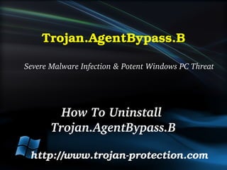 Trojan.AgentBypass.B

Severe Malware Infection & Potent Windows PC Threat




         How To Uninstall 
       Trojan.AgentBypass.B

 http://www.trojan­protection.com
 