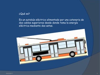 16/03/20113¿Qué es?Es un autobús eléctrico alimentado por una catenaria de dos cables superiores desde donde toma la energía eléctrica mediante dos astas.