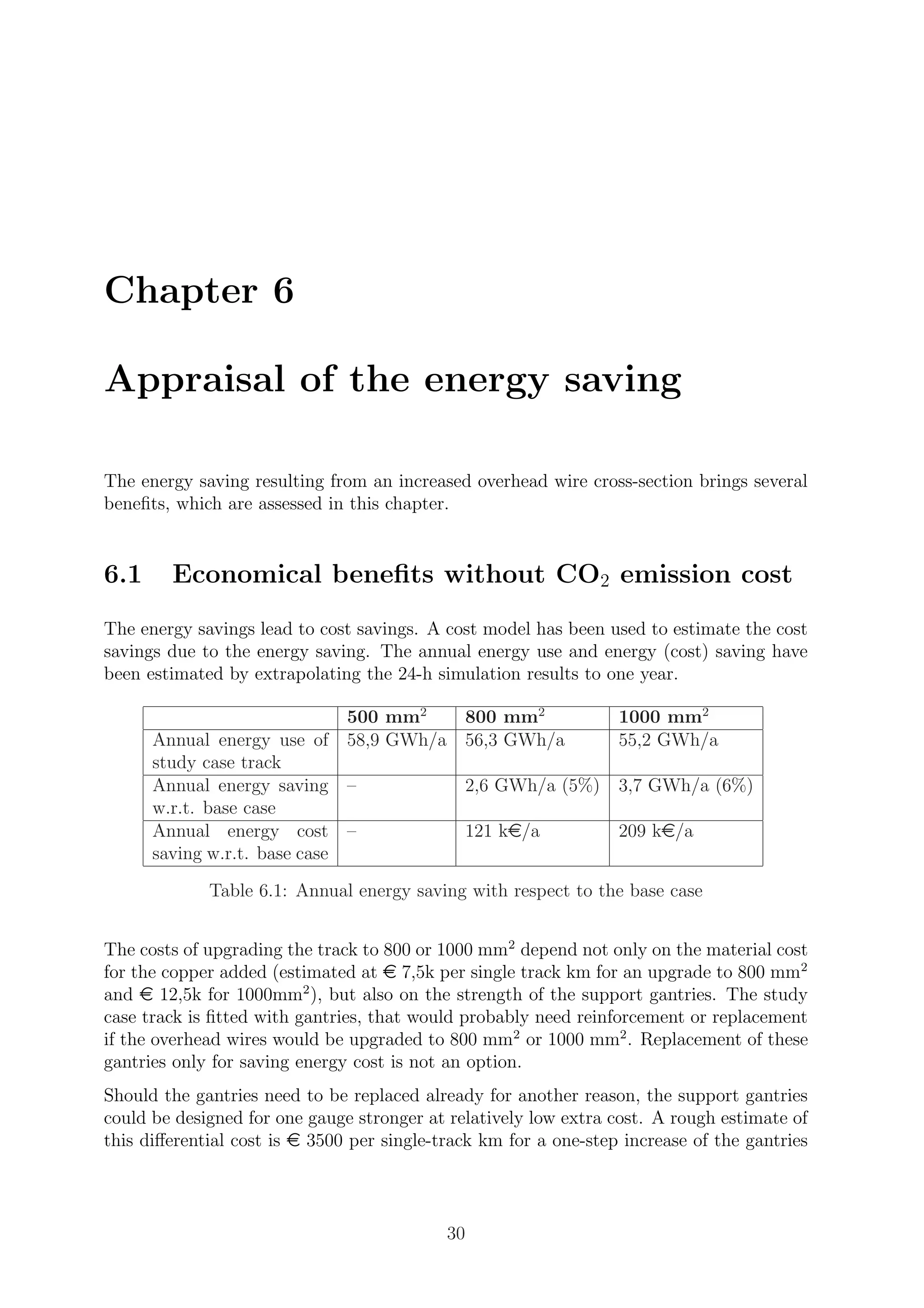 Chapter 6
Appraisal of the energy saving
The energy saving resulting from an increased overhead wire cross-section brings several
beneﬁts, which are assessed in this chapter.
6.1 Economical beneﬁts without CO2 emission cost
The energy savings lead to cost savings. A cost model has been used to estimate the cost
savings due to the energy saving. The annual energy use and energy (cost) saving have
been estimated by extrapolating the 24-h simulation results to one year.
500 mm2
800 mm2
1000 mm2
Annual energy use of
study case track
58,9 GWh/a 56,3 GWh/a 55,2 GWh/a
Annual energy saving
w.r.t. base case
– 2,6 GWh/a (5%) 3,7 GWh/a (6%)
Annual energy cost
saving w.r.t. base case
– 121 ke/a 209 ke/a
Table 6.1: Annual energy saving with respect to the base case
The costs of upgrading the track to 800 or 1000 mm2
depend not only on the material cost
for the copper added (estimated at e 7,5k per single track km for an upgrade to 800 mm2
and e 12,5k for 1000mm2
), but also on the strength of the support gantries. The study
case track is ﬁtted with gantries, that would probably need reinforcement or replacement
if the overhead wires would be upgraded to 800 mm2
or 1000 mm2
. Replacement of these
gantries only for saving energy cost is not an option.
Should the gantries need to be replaced already for another reason, the support gantries
could be designed for one gauge stronger at relatively low extra cost. A rough estimate of
this diﬀerential cost is e 3500 per single-track km for a one-step increase of the gantries
30
 