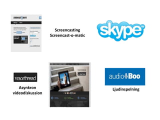 Screencasting
                  Screencast-o-matic




   Asynkron                            Ljudinspelning
videodiskussion
 