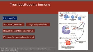 Trombocitopenia inmune
AISLADA (inmune) <150.000/microlitro
Introducción:
Resuelve espontáneamente 3m
Primaria (no asociada a otros tr)
Cindy E. Neunert. (2013). Current management of immune thrombocytopenia.
Pathogenesis. Hematology
 