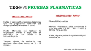 TEG® VS PRUEBAS PLASMATICAS
DESVENTAJAS TEG - ROTEM
Disponibilidad variable
Marcada variabilidad entre operadores y
poca precisión (CV TEG 7.1% - 39.9%; y
ROTEM 7.0% - 83.6%)
Puede requerir personal especializado para
su realización
VENTAJAS TEG - ROTEM
Evalúa el potencial hemostático global mas
que solo proporcionar formación del
tiempo para la formación de la fibrina
Puede diferencias con facilidad la
coagulopatía debido a bajo nivel de
fibrinógeno de una debida a la
trombocitopenia
Tiempos rápidos de realización con
resultados disponibles dentro de 5 - 10
minutos
Anesth Analg. 2008 May;106(5):1366-75
 