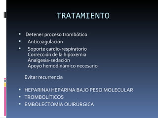 TRATAMIENTO Detener proceso trombótico     Anticoagulación  Soporte cardio-respiratorio     Corrección de la hipoxemia    Analgesia-sedación     Apoyo hemodinámico necesario  Evitar recurrencia HEPARINA/ HEPARINA BAJO PESO MOLECULAR TROMBOLÍTICOS EMBOLECTOMÍA QUIRÚRGICA 