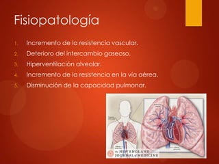 Fisiopatología
1.   Incremento de la resistencia vascular.
2.   Deterioro del intercambio gaseoso.
3.   Hiperventilación alveolar.
4.   Incremento de la resistencia en la vía aérea.
5.   Disminución de la capacidad pulmonar.
 