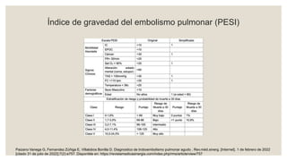 Índice de gravedad del embolismo pulmonar (PESI)
Paizano Vanega G, Fernandez Zúñiga E, Villalobos Bonilla D. Diagnostico de troboembolismo pulmonar agudo . Rev.méd.sinerg. [Internet]. 1 de febrero de 2022
[citado 31 de julio de 2022];7(2):e757. Disponible en: https://revistamedicasinergia.com/index.php/rms/article/view/757
 
