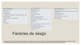 Factores de riesgo
Ramírez-Arias E, Rosas-Peralta M, Borrayo-Sánchez G, Moreno-Ruiz LA, Arenas-Fonseca JG, Arzola-Covarrubias VM, Sántos-Martínez LE, Arizmendi-Uribe E.
Tromboembolismo pulmonar: experiencia reciente de 4 años en un hospital de cardiología. Rev Med Inst Mex Seg Soc 2017;55(1):52-62.
 