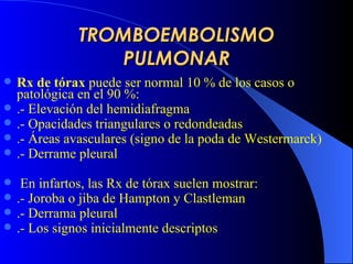 TROMBOEMBOLISMO PULMONAR Rx  de tórax  puede ser normal  10 % de los casos o  patológica en el 90 %:  .- Elevación del hemidiafragma .- Opacidades triangulares o redondeadas .- Áreas avasculares (signo de la poda de Westermarck) .- Derrame pleural En infartos,  las Rx  de tórax suelen mostrar :   .- Joroba o jiba de Hampton y Clastleman .- Derrama pleural .- Los signos inicialmente descriptos 
