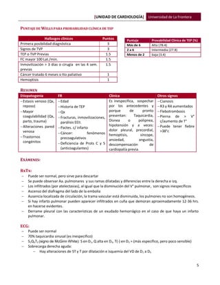 [UNIDAD DE CARDIOLOGÍA] Universidad de La Frontera
5
PUNTAJE DE WELLS PARA PROBABILIDAD CLÍNICA DE TEP
RESUMEN
Etiopatogenia FR Clínica Otros signos
Estasis venoso (Qx,
reposo)
Mayor
coagulabilidad (Qx,
parto, trauma)
Alteraciones pared
venosa
Trastornos
congénitos
Edad
Historia de TEP
Qx
Fracturas, inmovilizaciones,
parálisis EEII.
Pactes. c/ infarto
Cáncer: fenómenos
precoagulativos
Deficiencia de Prots C y S
(anticoagulantes)
Es inespecífica, sospechar
por los antecedentes y
porque de pronto
presentan: Taquicardia,
Disnea o polipnea,
hipotensión y a veces:
dolor pleural, precordial,
hemoptisis, síncope,
ansiedad, angustia,
descompensación de
cardiopatía previa.
Cianosis
R3 y R4 aumentados
Flebotrombosis
Pierna de > V°
c/aumento de T°
Puede tener fiebre
>38°c
EXÁMENES:
RxTx:
 Puede ser normal, pero sirve para descartar
 Se puede observar Aa. pulmonares y sus ramas dilatadas y diferencias entre la derecha e izq.
 Los infiltrados (por atelectasias), al igual que la disminución del V° pulmonar, son signos inespecíficos
 Ascenso del diafragma del lado de la embolia
 Ausencia localizada de circulación, la trama vascular está disminuida, los pulmones no son homogéneos.
 Si hay infarto pulmonar pueden aparecer infiltrados en cuña que demoran aproximadamente 12-36 hrs.
en hacerse evidentes.
 Derrame pleural con las características de un exudado hemorrágico en el caso de que haya un infarto
pulmonar.
ECG:
 Puede ser normal
 70% taquicardia sinusal (es inespecífico)
 S1Q3T3 (signo de McGinn White): S en D1, Q alta en D3, T(-) en D3 = (más específico, pero poco sensible)
 Sobrecarga derecha aguda:
 Hay alteraciones de ST y T por dilatación e isquemia del VD de D1 a D3
Hallazgos clínicos Puntos
Primera posibilidad diagnóstica 3
Signos de TVP 3
TEP o TVP Previas 1.5
FC mayor 100 Lat./min. 1.5
Inmovilización > 3 días o cirugía en las 4 sem.
previas
1.5
Cáncer tratado 6 meses o tto paliativo 1
Hemoptisis 1
Puntaje Provabilidad Clínica de TEP (%)
Más de 6 Alta (78.4)
2 a 6 Intermedia (27.8)
Menos de 2 baja (3.4)
 