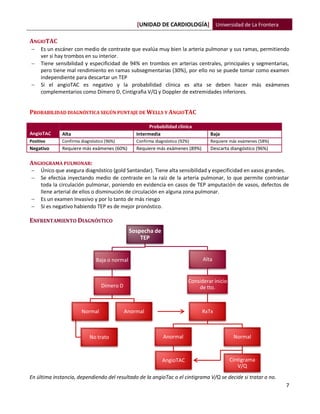 [UNIDAD DE CARDIOLOGÍA] Universidad de La Frontera
7
ANGIOTAC
 Es un escáner con medio de contraste que evalúa muy bien la arteria pulmonar y sus ramas, permitiendo
ver si hay trombos en su interior.
 Tiene sensibilidad y especificidad de 94% en trombos en arterias centrales, principales y segmentarias,
pero tiene mal rendimiento en ramas subsegmentarias (30%), por ello no se puede tomar como examen
independiente para descartar un TEP
 Si el angioTAC es negativo y la probabilidad clínica es alta se deben hacer más exámenes
complementarios como Dímero D, Cintigrafia V/Q y Doppler de extremidades inferiores.
PROBABILIDAD DIAGNÓSTICA SEGÚN PUNTAJE DE WELLS Y ANGIOTAC
AngioTAC
Probabilidad clínica
Alta Intermedia Baja
Positivo Confirma diagnóstico (96%) Confirma diagnóstico (92%) Requiere más exámenes (58%)
Negativo Requiere más exámenes (60%) Requiere más exámenes (89%) Descarta diangóstico (96%)
ANGIOGRAMA PULMONAR:
 Único que asegura diagnóstico (gold Santandar). Tiene alta sensibilidad y especificidad en vasos grandes.
 Se efectúa inyectando medio de contraste en la raíz de la arteria pulmonar, lo que permite contrastar
toda la circulación pulmonar, poniendo en evidencia en casos de TEP amputación de vasos, defectos de
llene arterial de ellos o disminución de circulación en alguna zona pulmonar.
 Es un examen Invasivo y por lo tanto de más riesgo
 Si es negativo habiendo TEP es de mejor pronóstico.
ENFRENTAMIENTO DIAGNÓSTICO
En última instancia, dependiendo del resultado de la angioTac o el cintigrama V/Q se decide si tratar o no.
Sospecha de
TEP
Baja o normal
Dímero D
Normal
No trato
Anormal
Alta
Considerar inicio
de tto.
RxTx
Anormal
AngioTAC
Normal
Cintigrama
V/Q
 