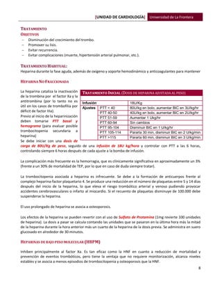 [UNIDAD DE CARDIOLOGÍA] Universidad de La Frontera
8
TRATAMIENTO
OBJETIVOS
 Disminución del crecimiento del trombo.
 Promover su lisis.
 Evitar recurrencia.
 Evitar complicaciones (muerte, hipertensión arterial pulmonar, etc.).
TRATAMIENTO HABITUAL:
Heparina durante la fase aguda, además de oxígeno y soporte hemodinámico y anticoagulantes para mantener
HEPARINA NO FRACCIONADA
La heparina cataliza la inactivación
de la trombina por el factor Xa y la
antitrombina (por lo tanto no es
útil en los casos de trombofilia por
déficit de factor IIIa).
Previo al inicio de la heparinización
deben tomarse PTT basal y
hemograma (para evaluar posible
trombocitopenia secundaria a
heparina)
Se debe iniciar con una dosis de
carga de 80U/Kg de peso, seguido de una infusión de 18U kg/hora y controlar con PTT a las 6 horas,
controlando siempre 6 horas después de cada ajuste a la bomba de infusión.
La complicación más frecuente es la hemorragia, que es clínicamente significativa en aproximadamente un 3%
(frente a un 30% de mortalidad de TEP, por lo que en caso de duda siempre tratar).
La trombocitopenia asociada a heparina es infrecuente. Se debe a la formación de anticuerpos frente al
complejo heparina-factor plaquetario 4. Se produce una reducción en el número de plaquetas entre 5 y 14 días
después del inicio de la heparina, lo que eleva el riesgo trombótico arterial y venoso pudiendo provocar
accidentes cerebrovasculares o infarto al miocardio. Si el recuento de plaquetas disminuye de 100.000 debe
suspenderse la heparina.
El uso prolongado de heparina se asocia a osteoporosis.
Los efectos de la heparina se pueden revertir con el uso de Sulfato de Protamina (1mg revierte 100 unidades
de heparina). La dosis a pasar se calcula contando las unidades que se pasaron en la última hora más la mitad
de la heparina durante la hora anterior más un cuarto de la heparina de la dosis previa. Se administra en suero
glucosado en alrededor de 30 minutos.
HEPARINAS DE BAJO PESO MOLECULAR (HBPM)
Inhiben principalmente al factor Xa. Es tan eficaz como la HNF en cuanto a reducción de mortalidad y
prevención de eventos trombóticos, pero tiene la ventaja que no requiere monitorización, alcanza niveles
estables y se asocia a menos episodios de trombocitopenia y osteoporosis que la HNF.
TRATAMIENTO INICIAL (DOSIS DE HEPARINA AJUSTADA AL PESO)
Infusión 18U/Kg
Ajustes PTT < 40 80U/kg en bolo, aumentar BIC en 3U/kg/hr
PTT 40-50 40U/kg en bolo, aumentar BIC en 2U/kg/hr
PTT 51-59 Aumentar 1 Ukg/hr
PTT 60-94 Sin cambios
PTT 95-104 Disminuir BIC en 1 U/kg/hr
PTT 105-114 Pararla 30 min, disminuir BIC en 2 U/kg/min
PTT >115 Pararla 60 min, disminuir BIC en 3 U/kg/min
 
