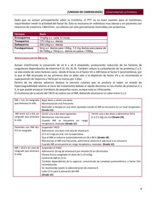[UNIDAD DE CARDIOLOGÍA] Universidad de La Frontera
9
Dado que no actúan principalmente sobre la trombina, el PTT no es buen examen para el monitoreo,
requiriéndose medir la actividad del factor Xa. Esto es necesario en individuos muy obesos y en pacientes con
clearence de creatinina <30ml/min. Los efectos son sólo parcialmente reversibles con protamina.
Fármaco Dosis
Enoxaparina 1mg/kg s.c. cada 12 horas
Tinzaparina 175 U/kg s.c. diarias
Dalteparina 200 U/kg s.c. diarias
Fondaparinoux 5mg s.c. diarios para <50kg, 7,5 mg diarios para pesos de
50-100kg y 10mg s.c. diarios en pesos >100kg
ANTICOAGULANTES ORALES.
Actúan interfiriendo la conversión de vit K a vit K etopóxido, produciendo reducción de los factores de
coagulación dependientes de vitamina K (II, VII, IX, X). También reduce la carboxilación de las proteínas C y S.
La vida media de estos factores varía ; desde 6 horas en el factor VII a 100 horas el factor II (protrombina), por
lo que el INR alcanzado en los primeros días se debe sólo a la depleción de factor VII y se recomienda la
superposición de heparina y TACO por lo menos por 3 días.
Dentro de los efectos adversos destaca la necrosis cutánea que se produce al haber un estado de
hipercoagulabilidad relativo al inicio del tratamiento debido al rápido descenso en los niveles de proteínas C y
S, lo que puede provocar trombosis de pequeños vasos, aunque esto es infrecuente.
El monitoreo de la acción del TACO se realiza con el INR, debiendo alcanzarse un valor entre 2 y 3.
INR < 5,0, sin sangrado
que amenace la vida.
Bajar dosis u omitir una dosis
Monitorización más frecuente
Reanudar la terapia en una dosis ajustada cuando el INR se encuentra en un nivel terapéutico
(Grado 1C).
INR entre 5,0 y 9,0, sin
sangrado que amenace
la vida.
Omitir una o dos dosis siguientes
Monitorizar más frecuente
Cuando INR se encuentre en rango
terapéutico, reanudar (Grado 1C)
Omitir una o dos dosis y administrar Vit K
(1 a 2.5 mg) via oral (Grado 2A)
Pacientes con INR de>
9.0 sin sangrado
Suspender TACO
Administrar una dosis más alta de vitamina K
(2.5 to 5 mg) via oral, con la espectativa
Que el INR se reducira sustancialemnte en 24 a 48 hr (Grado 1B)
Monitorizar el INR más frecuente, administrar vitamina K adicional si es necesario
Cuando INR se encuentre en rango terapéutico, reanudar (Grado 1C)
INR > 20,0 o en caso de
sangrado que amenace
la vida.
Suspender el TACO
Administrar 10 mg de vitamina K por infusión EV en 30 minutos
Plasma fresco congelado en dosis de 5 a 8 ml/kg.
Control de INR en 12 hr
También dependiendo de la urgencia: concentrado de complejo protrombínico, o factor VIIa
recombinante.
Se recomienda repetir la administración de vitamina K
cada 12 hr para la elevación del INR
(Grado 1C)
 