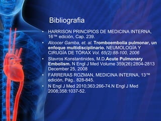 Bibliografia HARRISON PRINCIPIOS DE MEDICINA INTERNA, 16ª edición, Cap. 239. Alcocer Gamba, et. al.  Tromboembolia pulmonar, un enfoque multidisciplinario.  NEUMOLOGÍA Y CIRUGÍA DE TÓRAX  Vol. 65(2):88-100, 2006 Stavros Konstantinides, M.D .Acute Pulmonary Embolism.  N Engl J Med Volume 359(26):2804-2813 December 25, 2008 FARRERAS ROZMAN, MEDICINA INTERNA,  13ª edición, Pág.. 828-845. N Engl J Med 2010;363:266-74.N Engl J Med 2008;358:1037-52. 
