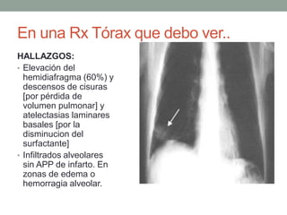 En una Rx Tórax que debo ver..
HALLAZGOS:
• Elevación del
  hemidiafragma (60%) y
  descensos de cisuras
  [por pérdida de
  volumen pulmonar] y
  atelectasias laminares
  basales [por la
  disminucion del
  surfactante]
• Infiltrados alveolares
  sin APP de infarto. En
  zonas de edema o
  hemorragia alveolar.
 