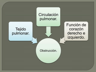 Obstrucción.
Tejido
pulmonar.
Circulación
pulmonar.
Función de
corazón
derecho e
izquierdo.
 
