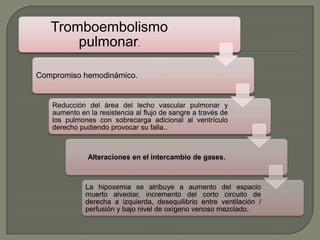Tromboembolismo
pulmonar.
Compromiso hemodinámico.
Reducción del área del lecho vascular pulmonar y
aumento en la resistencia al flujo de sangre a través de
los pulmones con sobrecarga adicional al ventrículo
derecho pudiendo provocar su falla..
Alteraciones en el intercambio de gases.
La hipoxemia se atribuye a aumento del espacio
muerto alveolar, incremento del corto circuito de
derecha a izquierda, desequilibrio entre ventilación /
perfusión y bajo nivel de oxígeno venoso mezclado.
 