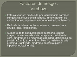  Estasia venosa: producida por insuficiencia cardíaca
congestiva, insuficiencia venosa, inmovilización de
extremidades, reposo en cama, obesidad, embarazo.
 Daño de la íntima por traumatismos, quemaduras,
cirugía local, infecciones.
 Aumento de la coagulabilidad: puerperio, cirugía
mayor, cáncer, uso de anticonceptivos, policitemia
vera, síndromes de hipercoagulabilidad (deficiencia de
proteína C y S, y de antitrombina III, resistencia a la
proteína C activada, síndrome antifosfolípido e
hiperhomocisteinemia).
 