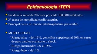  Incidencia anual de 70 casos por cada 100.000 habitantes.
 3ª causa de mortalidad cardiovascular.
 Principal causa de muerte intrahospitalaria prevenible.
 MORTALIDAD:
 Riesgo alto: > del 15%, con cifras superiores al 60% en casos
de paro cardiocirculatorio o shock.
 Riesgo intermedio: 3% al 15%.
 Riesgo bajo < del 1%.
Epidemiología (TEP)
 