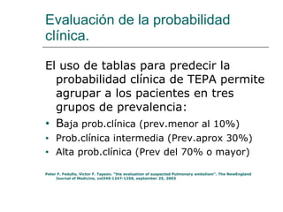 Evaluación de la probabilidad clínica. El uso de tablas para predecir la probabilidad clínica de TEPA permite agrupar a los pacientes en tres grupos de prevalencia: B aja prob.clínica (prev.menor al 10%) Prob.clínica intermedia (Prev.aprox 30%) Alta prob.clínica (Prev del 70% o mayor) Peter F. Fedullo, Victor F. Tapson. “the evaluation of suspected Pulmonary embolism”. The NewEngland Journal of Medicine, vol349:1247-1256, september 25, 2003 