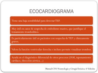 ECOCARDIOGRAMA
Tiene una baja sensibilidad para detectarTEP.
Muy útil en casos de sospecha de embolismo masivo, que justifique el
tratamiento trombolítico.
Es particularmente útil en pacientes con sospecha deTEP y clínicamente
graves.
Valora la función ventricular derecha e incluso permite visualizar trombos.
Ayuda en el diagnóstico diferencial de otros procesos (IAM, taponamiento
cardiaco, disección aórtica...)
Manual CTO Neumología y CirugíaTorácica. 6ª Edición
 
