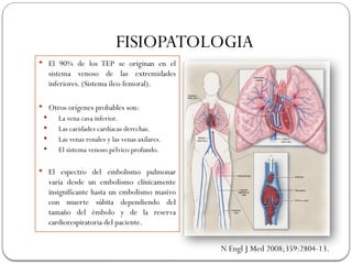 FISIOPATOLOGIA
 El 90% de los TEP se originan en el
sistema venoso de las extremidades
inferiores. (Sistema íleo-femoral).
 Otros orígenes probables son:
 La vena cava inferior.
 Las cavidades cardíacas derechas.
 Las venas renales y las venas axilares.
 El sistema venoso pélvico profundo.
 El espectro del embolismo pulmonar
varía desde un embolismo clínicamente
insignificante hasta un embolismo masivo
con muerte súbita dependiendo del
tamaño del émbolo y de la reserva
cardiorespiratoria del paciente.
N Engl J Med 2008;359:2804-13.
 