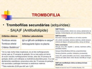TROMBOFILIA
• Trombofilias secundárias (adquiridas):
– SA(A)F (Antifosfolípide)

 