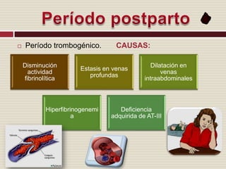 Período trombogénico. CAUSAS:Período postparto