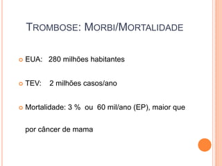 TROMBOSE: MORBI/MORTALIDADE

   EUA: 280 milhões habitantes


   TEV:   2 milhões casos/ano


   Mortalidade: 3 % ou 60 mil/ano (EP), maior que


    por câncer de mama
 