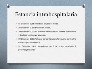 Estancia intrahospitalaria
O

27 Diciembre 2011: Intento de extubación fallido.

O

28 Diciembre 2011: Extubación exitosa.

O

29 Diciembre 2011: Se presenta evento vascular cerebral con disartria
y debilidad hemicuerpo izquierdo.

O

30 Diciembre 2011: Valorado por cardiología refiere evento cerebral no
fue de origen cardiogenico.

O

31 Diciembre 2011: Hemoglobina de 6 se indica transfundir 2
paquetes globulares.

 