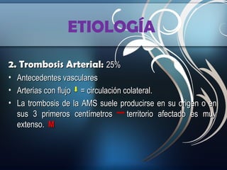 ETIOLOGÍA
2. Trombosis Arterial: 25%
• Antecedentes vasculares
• Arterias con flujo = circulación colateral.
• La trombosis de la AMS suele producirse en su origen o en
sus 3 primeros centímetros
territorio afectado es muy
extenso. M

 