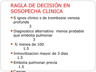 RAGLA DE DECISIÓN EN
SOSOPECHA CLINICA
S ignos clinico s de trombosisi venosa

profunda

3
Diagnostico alternativo menos probable
que embolia pulmonar
3
 fc menos de 100
1.5
Inmovilizacion mayor de 3 dias
1.5
Embolia pulmonar previa
1.5

 