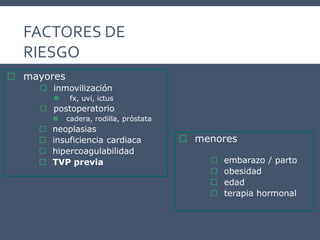 FACTORES DE
RIESGO
 mayores
 inmovilización
 fx, uvi, ictus
 postoperatorio
 cadera, rodilla, próstata
 neoplasias
 insuficiencia cardiaca
 hipercoagulabilidad
 TVP previa
 menores
 embarazo / parto
 obesidad
 edad
 terapia hormonal
 