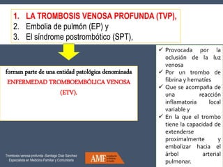 1. LA TROMBOSIS VENOSA PROFUNDA (TVP),
2. Embolia de pulmón (EP) y
3. El síndrome postrombótico (SPT),
forman parte de una entidad patológica denominada
ENFERMEDAD TROMBOEMBÓLICA VENOSA
(ETV).
 Provocada por la
oclusión de la luz
venosa
 Por un trombo de
fibrina y hematíes
 Que se acompaña de
una reacción
inflamatoria local
variable y
 En la que el trombo
tiene la capacidad de
extenderse
proximalmente y
embolizar hacia el
árbol arterial
pulmonar.
Trombosis venosa profunda -Santiago Díaz Sánchez
Especialista en Medicina Familiar y Comunitaria
 