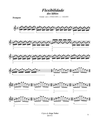 Flexibilidade
                                                        dos lábios
                                             Estudar com o STACCATO e o LEGATO
    Trompete


              œ œ œ œ
       & c œ œ œ œ œ œœ œ œ œ œ œ œ# œ# œœ œ œ œ œ œœ œœ œ œ œ œ b œ œ œœ œœ œ œ œœ œœ œœ œ œ œ# œ œœ œœ œœ œ œ œœ œœ œ œ
               0__________________ 2_____________________             1__________________      1___________________
                                                                                               2



       bœ œ œ œ                œ œ œ œ                                                      œ œ œ œ
& b œ œ œ œ œ œ œ œ œ œ œ œ œ œ œ œ œ œ œ œ œ œ œ œ # œ # œ# œ œ œ œ œ œ œ œ œ œ œ œ œ œ œ œ œ œ œ œ œ œ œ œ œ œ
     2______________________ 1____________________             1_______________________ 1____________________
     3                       3                                 2                        3
                                                               3

                                                                            œ œ œ œ                  #œ œ œ œ
& b œ œ b œ œ œ œ œ œ œ œ œ œ œ œ œ œ œ# œ œ œ œ œ œ œ œ œ œ œ œ œ œ œ b œ œ œ œ œ œ œ œ œ œ œ œ œ# œ œ œ œ œ œ œ œ œ œ œ
    2______________________ 1______________________             1_____________________ 2_______________________
    3                       2


                                                                   œœœœœœœœ. .œœœœœœœœ.
& œœœœœœœœœœœœœœœœ w                                            ..         . .        .
    0_________________________________________                                                 0
                                                                  0



                 œœœ                   bœ œ œ
& .. œ # œ # œ       œ œ .. .. b œ œ œ        œ œ .. .. œ # œ œ œ œ œ œ œ .. .. b œ œ b œ b œ œ œ œ œ ..
       2__________________           1__________________
                                                                  1_________________           2_________________
                                                                  2                            3

                                                                                       œœœ
           œ œ œ œ œ œ .. .. b œ œ œ b œ œ œ œ œ .. .. œ # œ # œ œ œ œ œ œ .. .. œ œ œ     œ œ ..
& .. œ # œ
      1__________________            1__________________          2__________________              0________________
      2



                                                Cópia de Jorge Nobre
                                                       Ipu-Ce.                                                         9
 