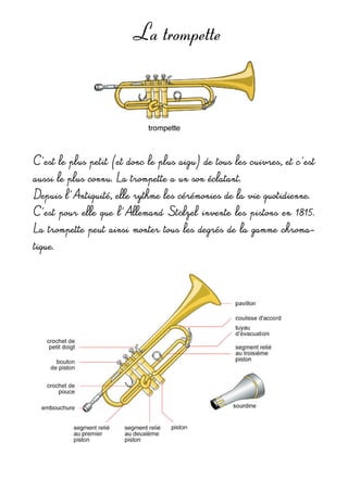 La trompette
C'est le plus petit (et donc le plus aigu) de tous les cuivres, et c'est 
aussi le plus connu. La trompette a un son éclatant.
Depuis l'Antiquité, elle rythme les cérémonies de la vie quotidienne. 
C'est pour elle que l'Allemand Stölzel  invente les pistons en 1815. 
La trompette peut ainsi monter tous les degrés de la gamme chroma-
tique.
 