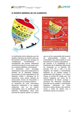 12
El TROMPO INDÍGENA DE LOS ALIMENTOS
La clasificación de los alimentos para los
pueblos originarios se plantea como una
herramienta educativa que persigue la
revitalización, fortalecimiento y
consolidación del proceso alimentario
nutricional ancestral, ya que nuestro país
es un estado multiétnico y pluricultural.
La dominación como estrategia
colonizadora trajo como consecuencia la
pérdida de la identidad indígena,
provocando una alta dependencia a los
alimentos criollos y abandono de la
agricultura, caza, pesca, métodos de
conservación, formas de intercambio y
recolección para el sustento colectivo.
La necesidad de crear instrumentos
educativos adaptados a los pueblos
originarios, que no se habían
contemplado para la clasificación de
alimentos, imponiéndose sobre estos
patrones de consumo ajenos a su cultura,
que en son los responsables del aumento
de enfermedades crónicas no
transmisibles que anteriormente no eran
frecuentes en su entorno sociocultural.
De acuerdo a lo establecido en la
Constitución de la República Bolivariana
de Venezuela en su Capítulo VIII,
artículos 119, 121 y 122; y La Ley
Orgánica de Pueblos y Comunidades
Indígenas en el capítulo número II
denominado Del Derecho a la Cultura
Propia, el artículo 87 señala que “Las
culturas indígenas son raíces de la
venezolanidad. El Estado protege y
promueve las diferentes expresiones
culturales de los pueblos y comunidades
indígenas, incluyendo sus artes,
literatura, música, danzas, arte culinario,
armas y todos los demás usos y
costumbres que les son propios”.
 