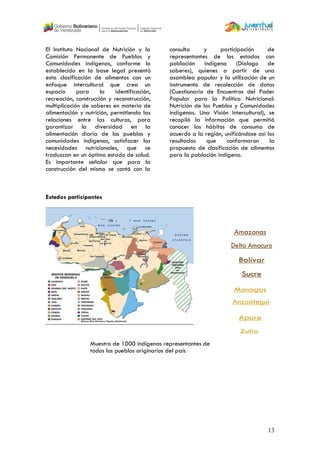 13
El Instituto Nacional de Nutrición y la
Comisión Permanente de Pueblos y
Comunidades indígenas, conforme lo
establecido en la base legal presentó
esta clasificación de alimentos con un
enfoque intercultural que crea un
espacio para la identificación,
recreación, construcción y reconstrucción,
multiplicación de saberes en materia de
alimentación y nutrición, permitiendo las
relaciones entre las culturas, para
garantizar la diversidad en la
alimentación diaria de los pueblos y
comunidades indígenas, satisfacer las
necesidades nutricionales, que se
traduzcan en un óptimo estado de salud.
Es importante señalar que para la
construcción del mismo se contó con la
consulta y participación de
representantes de los estados con
población indígena (Dialogo de
saberes), quienes a partir de una
asamblea popular y la utilización de un
instrumento de recolección de datos
(Cuestionario de Encuentros del Poder
Popular para la Política Nutricional:
Nutrición de los Pueblos y Comunidades
Indígenas. Una Visión Intercultural), se
recopiló la información que permitió
conocer los hábitos de consumo de
acuerdo a la región, unificándose así los
resultados que conformaron la
propuesta de clasificación de alimentos
para la población indígena.
Estados participantes
Muestra de 1000 indígenas representantes de
todos los pueblos originarios del país
 