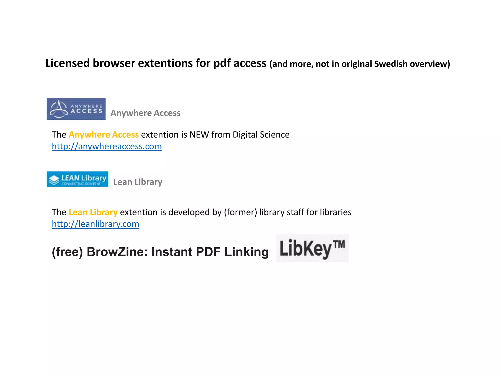 Anywhere Access
The Anywhere Access extention is NEW from Digital Science
http://anywhereaccess.com
Lean Library
The Lean Library extention is developed by (former) library staff for libraries
http://leanlibrary.com
Licensed browser extentions for pdf access (and more, not in original Swedish overview)
(free) BrowZine: Instant PDF Linking
 