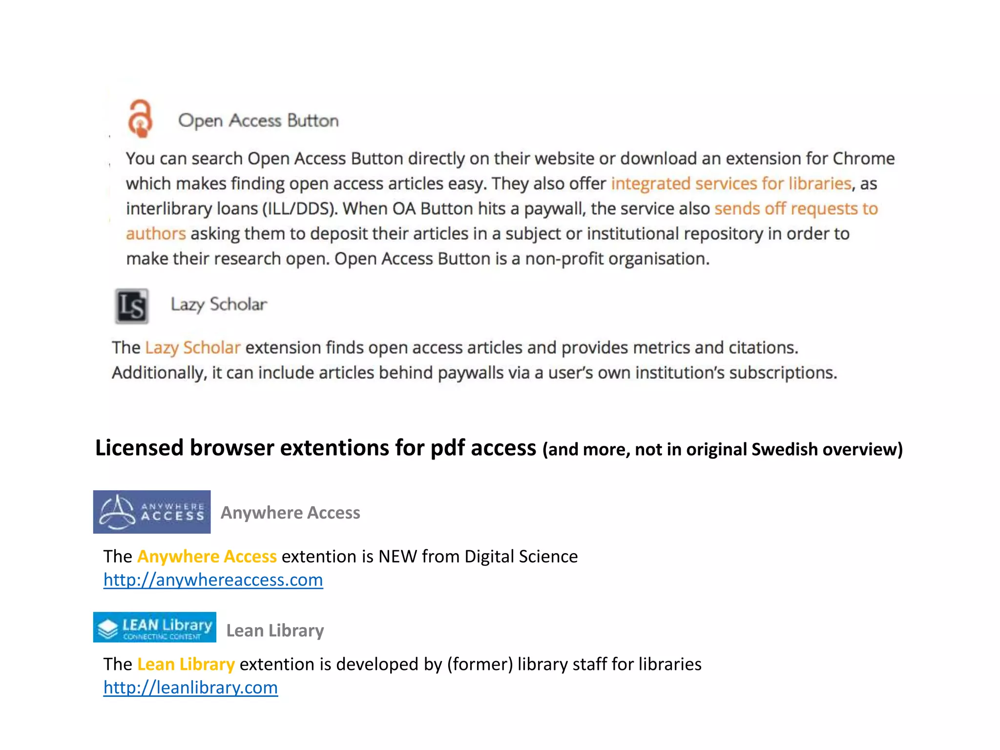 Anywhere Access
The Anywhere Access extention is NEW from Digital Science
http://anywhereaccess.com
Lean Library
The Lean Library extention is developed by (former) library staff for libraries
http://leanlibrary.com
Licensed browser extentions for pdf access (and more, not in original Swedish overview)
 