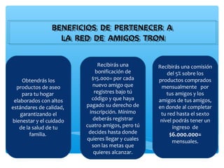 BENEFICIOS DE PERTENECER A
                BENEFICIOS DE PERTENECER A
                  LA RED DE AMIGOS TRON
                  LA RED DE AMIGOS TRON

                              Recibirás una        Recibirás una comisión
                             bonificación de           del 5% sobre los
     Obtendrás los         $15.000= por cada       productos comprados
  productos de aseo        nuevo amigo que          mensualmente por
     para tu hogar          registres bajo tú          tus amigos y los
 elaborados con altos      código y que haya       amigos de tus amigos,
estándares de calidad,   pagado su derecho de      en donde al completar
    garantizando el       inscripción. Mínimo       tu red hasta el sexto
bienestar y el cuidado      deberás registrar       nivel podrás tener un
   de la salud de tu     cuatro amigos, pero tú           ingreso de
        familia.          decides hasta donde          $6.000.000=
                         quieres llegar y cuales        mensuales.
                           son las metas que
                            quieres alcanzar.
 