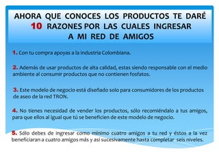 AHORA QUE CONOCES LOS PRODUCTOS TE DARÉ
    10 RAZONES POR LAS CUALES INGRESAR
            A MI RED DE AMIGOS
1. Con tu compra apoyas a la industria Colombiana.

2. Además de usar productos de alta calidad, estas siendo responsable con el medio
ambiente al consumir productos que no contienen fosfatos.

3. Este modelo de negocio está diseñado solo para consumidores de los productos
de aseo de la red TRON.

4. No tienes necesidad de vender los productos, sólo recomiéndalo a tus amigos,
para que ellos al igual que tú se beneficien de este modelo de negocio.

5. Sólo debes de ingresar como mínimo cuatro amigos a tu red y éstos a la vez
beneficiaran a cuatro amigos más y así sucesivamente hasta completar seis niveles.
 