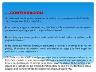….CONTINUACIÓN
6. No hay cuotas de ventas, solo debes de realizar tu consumo mensual mínimo de
$30.000= para recibir los beneficios.

6. Al tener 25 amigos activos en tu red, habrás acumulado las comisiones necesarias
para no tener que pagar por tu compra mínima mensual.

8. No tienes que tomar pedidos, cada usuario de la red realiza su pedido por la
pagina de internet.

9. No tienes que manejar dineros, ni productos; al hacer tú o un amigo de tu red un
pedido, el sistema les ofrecerá varias alternativas de pago y le hará llegar los
productos a la puerta de su casa.

10. Cada nivel tiene solo 4 amigos para que pueda operar el cooperativismo en la
Red. Este consiste en que cada amigo adicional a estos iniciales que agregues a la
Red, será colocado por el sistema en el primer nivel de alguno de tus amigos o de
alguno de los amigos de tus amigos, beneficiándote no solo a ti sino también a todos
aquellos que existan en línea directa entre el amigo agregado y tú.
 